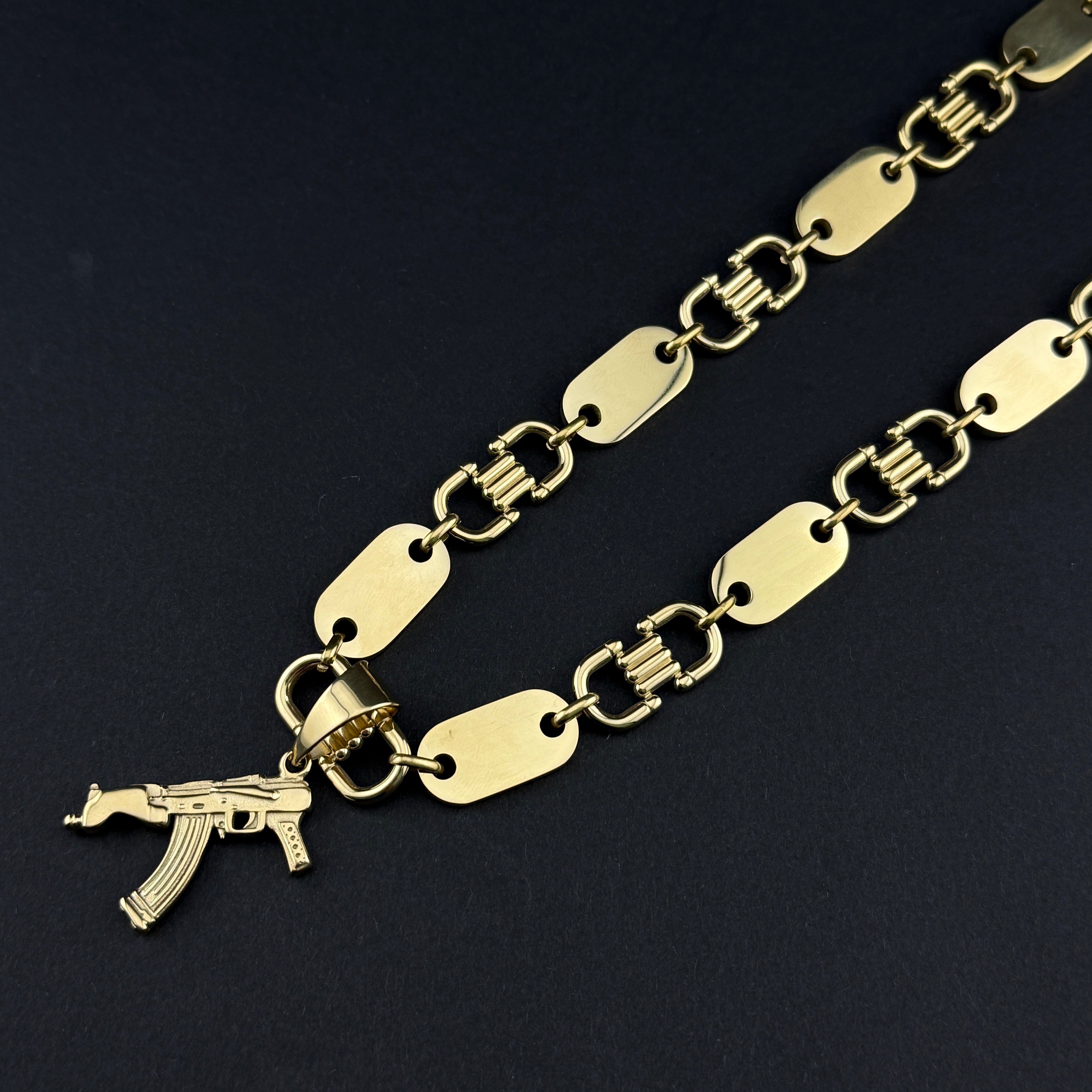 13mm Plattenkette + Ak47 Anhänger - Edelstahl mit 14k Vergoldung