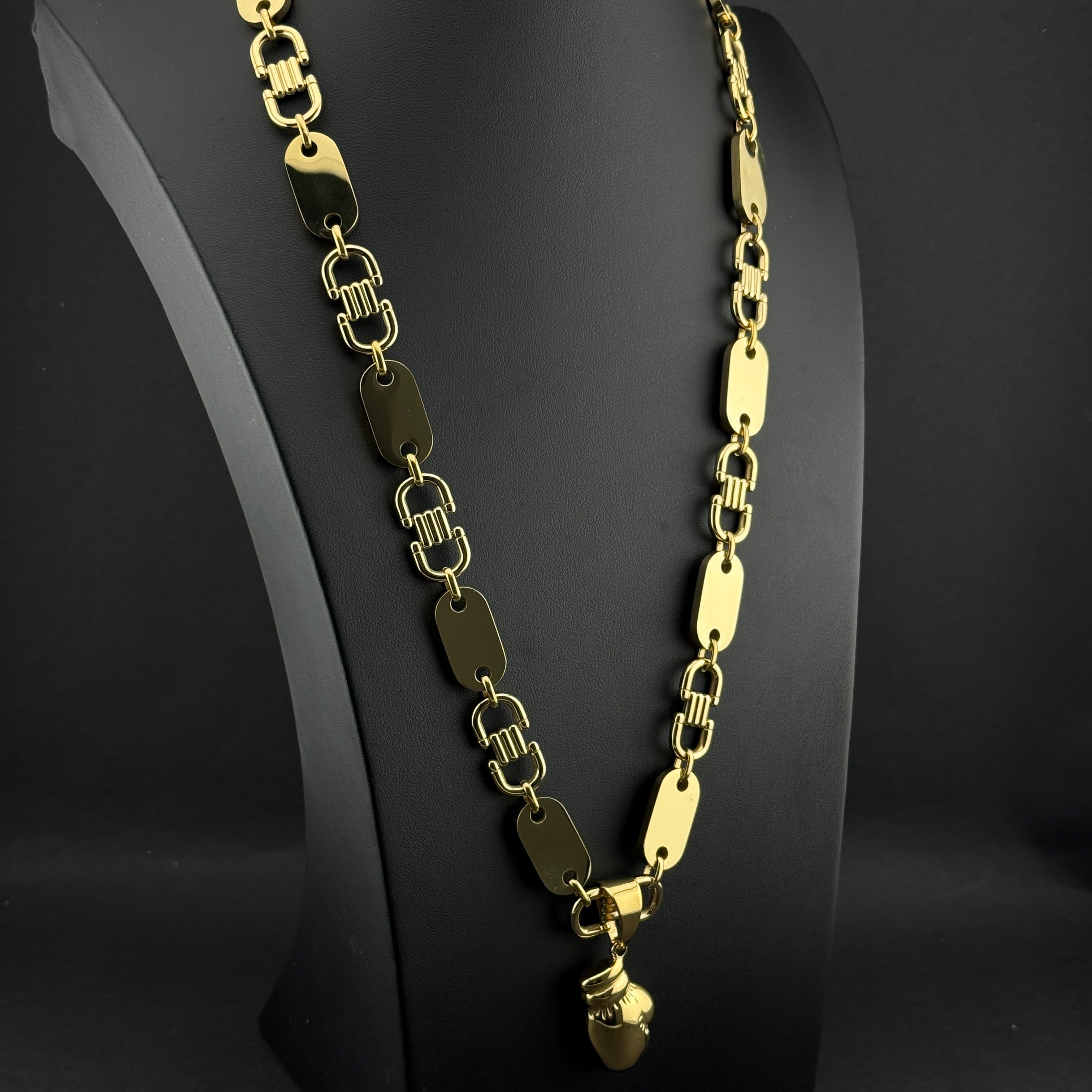 13mm Plattenkette + Boxhandschuh Anhänger - Edelstahl mit 14k Vergoldung