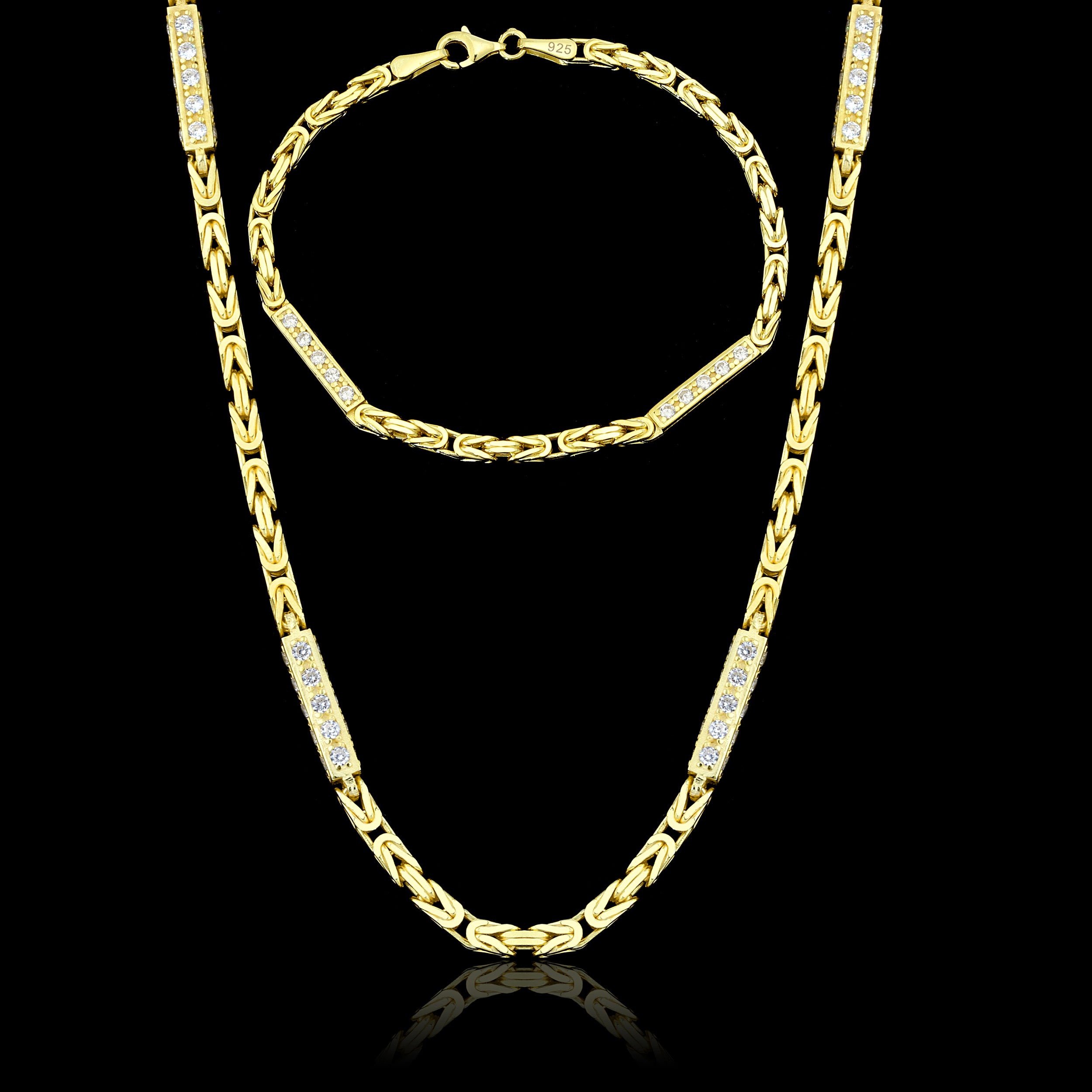 Set - Iced Out Königskette + Armband 3mm - 925 Silber 18k Gold vergoldet - Kostenloses Armband