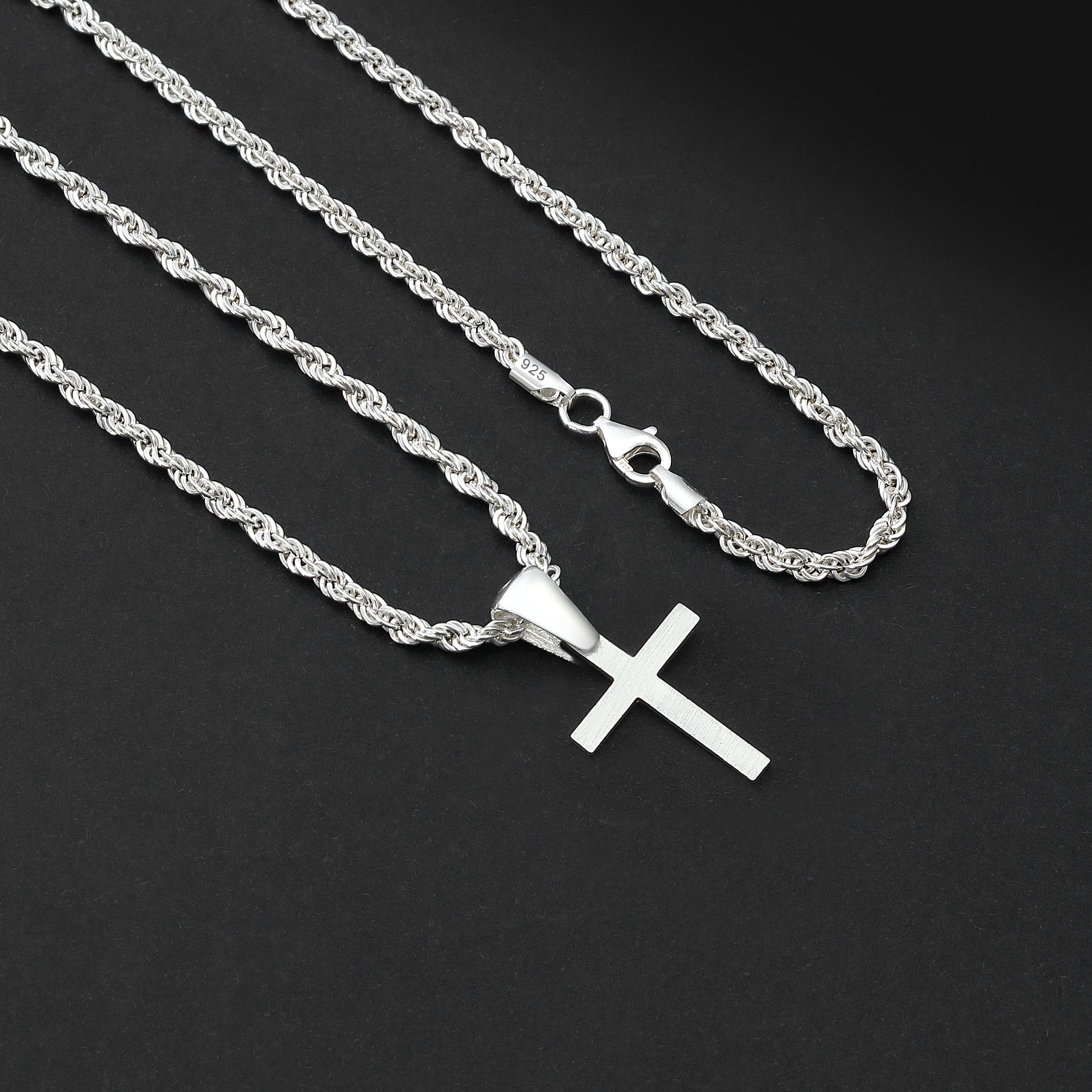 Set Kreuz Anhänger 3mm Kordelkette Rope Chain - Silber 925
