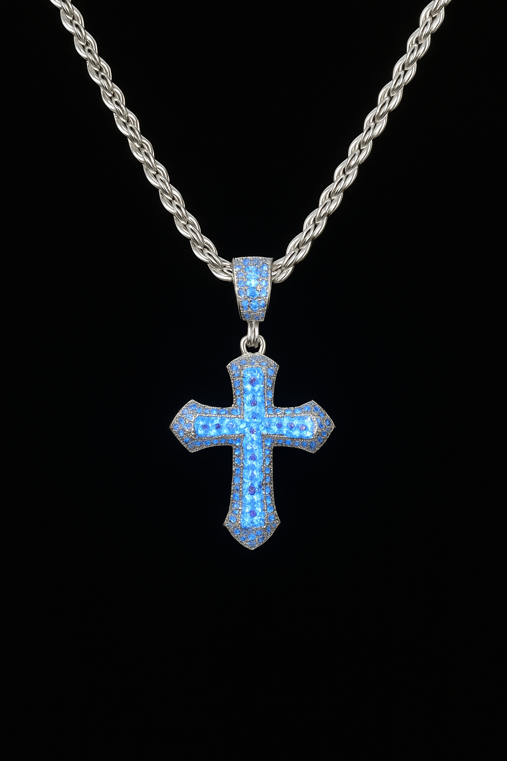 Set Kreuz Anhänger ICED OUT 3mm Rope Chain Kordelkette - Edelstahl