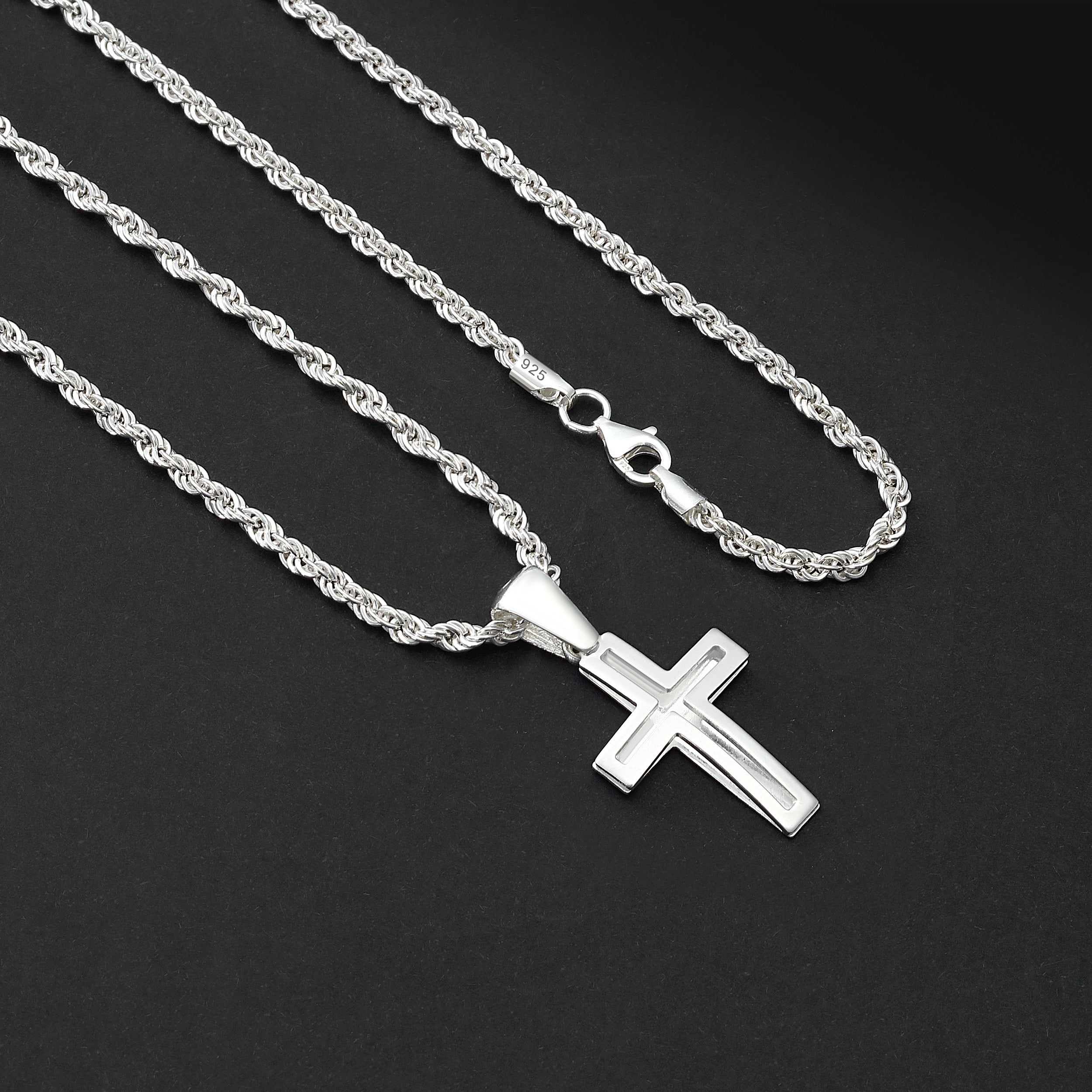 Set Kreuz Anhänger 3mm Kordelkette Rope Chain - Silber 925