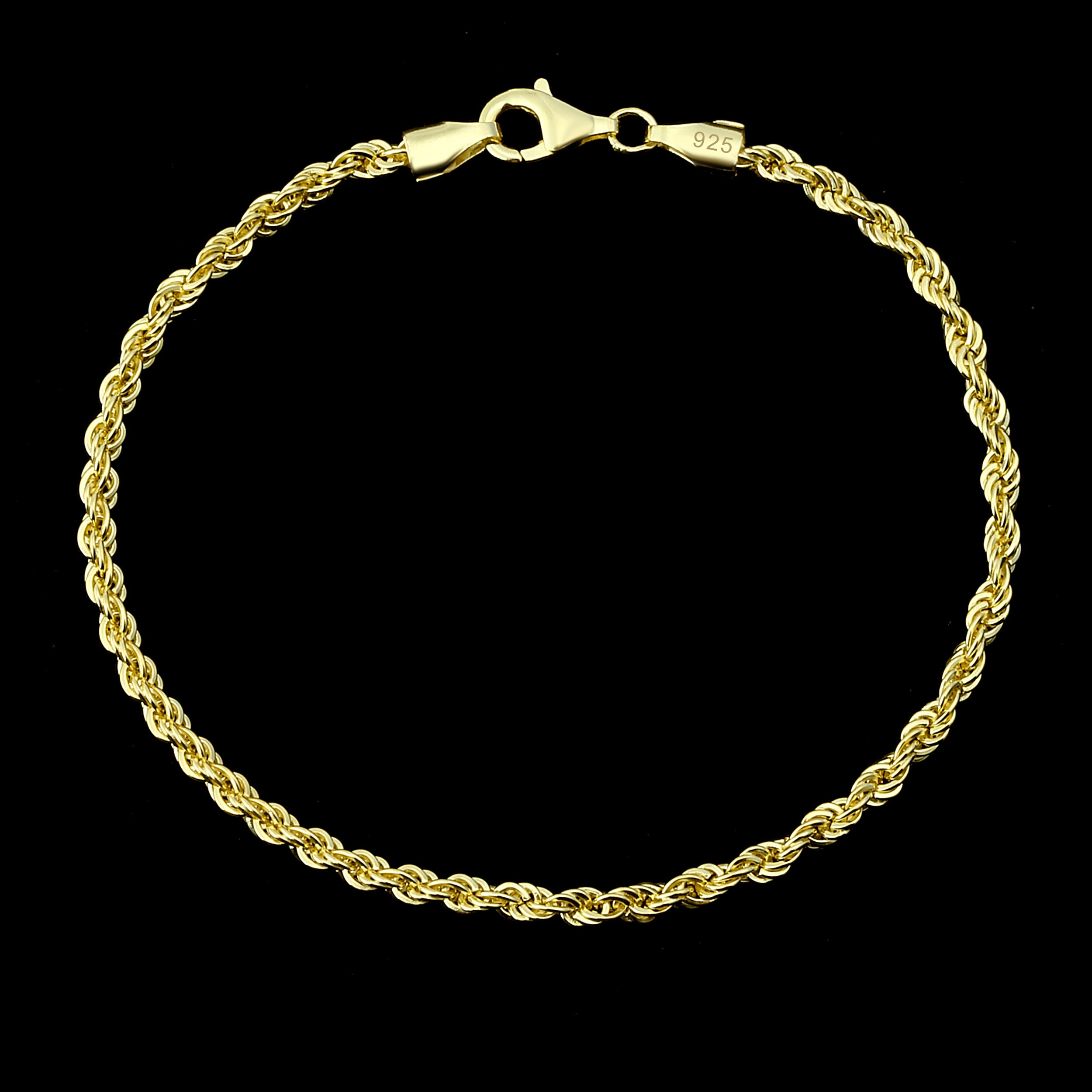 3mm Kordelkette Rope Chain Armband - Silber 925 18k Gold vergoldet