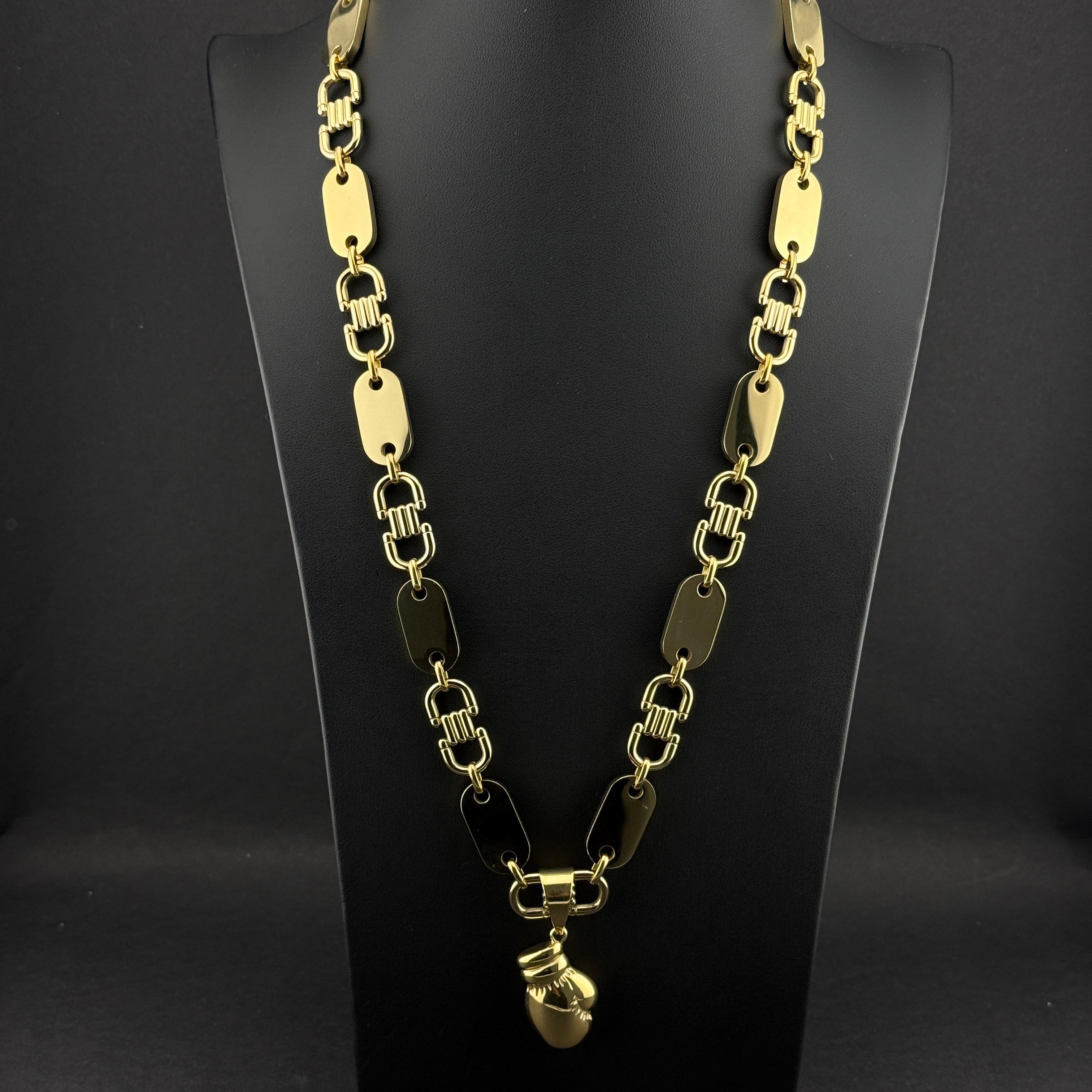 13mm Plattenkette + Boxhandschuh Anhänger - Edelstahl mit 14k Vergoldung