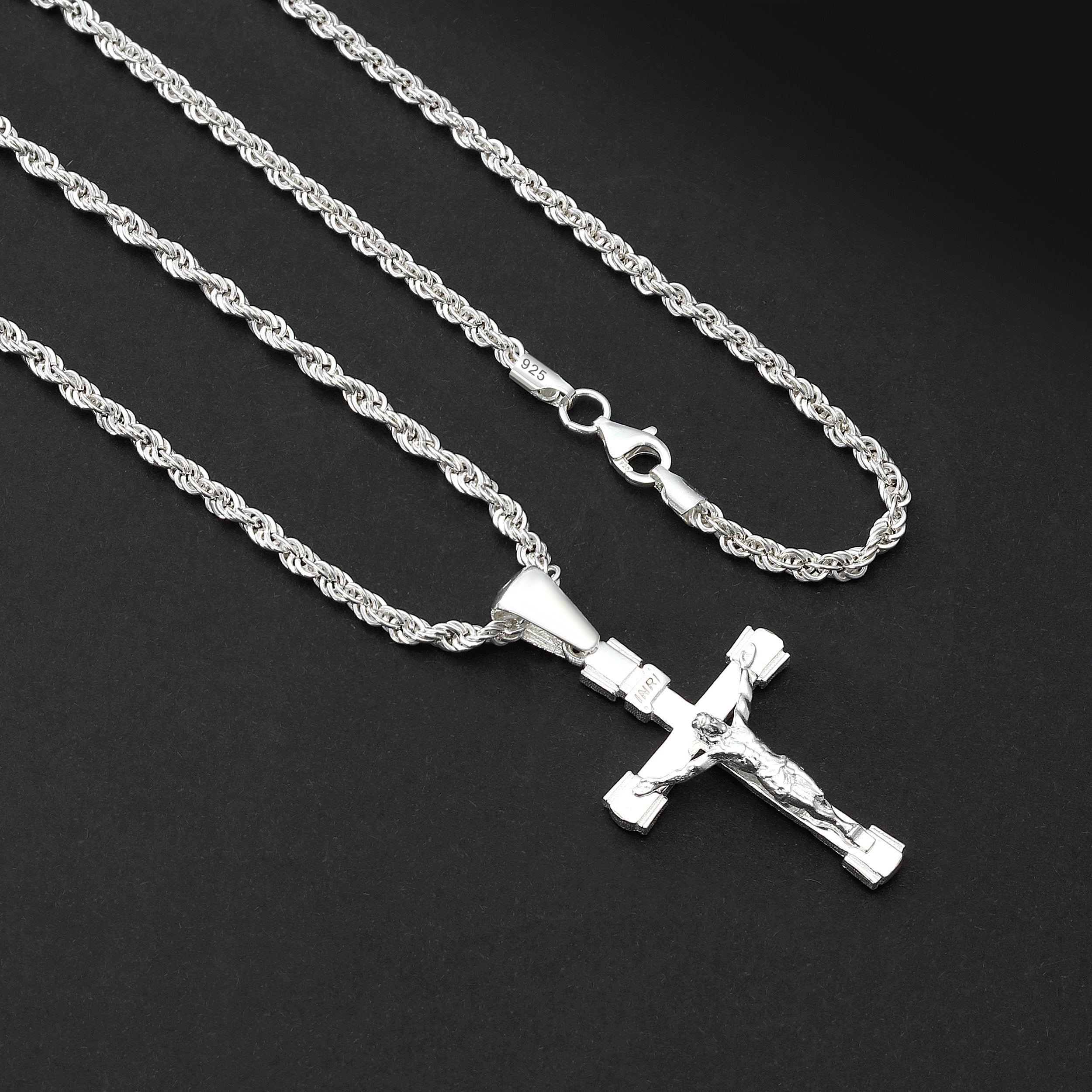 Set Kreuz Anhänger 3mm Kordelkette Rope Chain - Silber 925