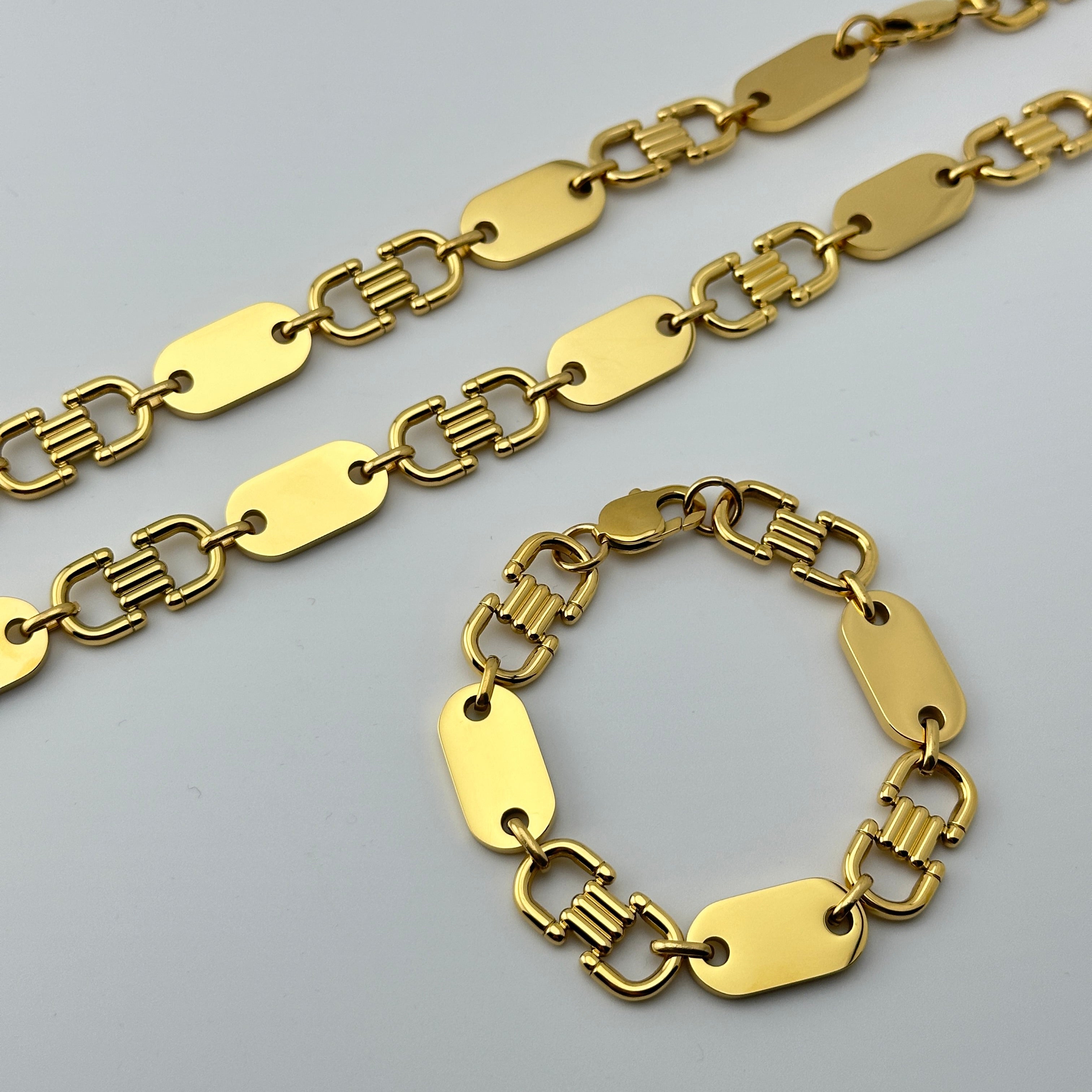 Set - Plattenkette + Armband 13mm breit aus Edelstahl mit 18k Vergoldung - 20% sparen