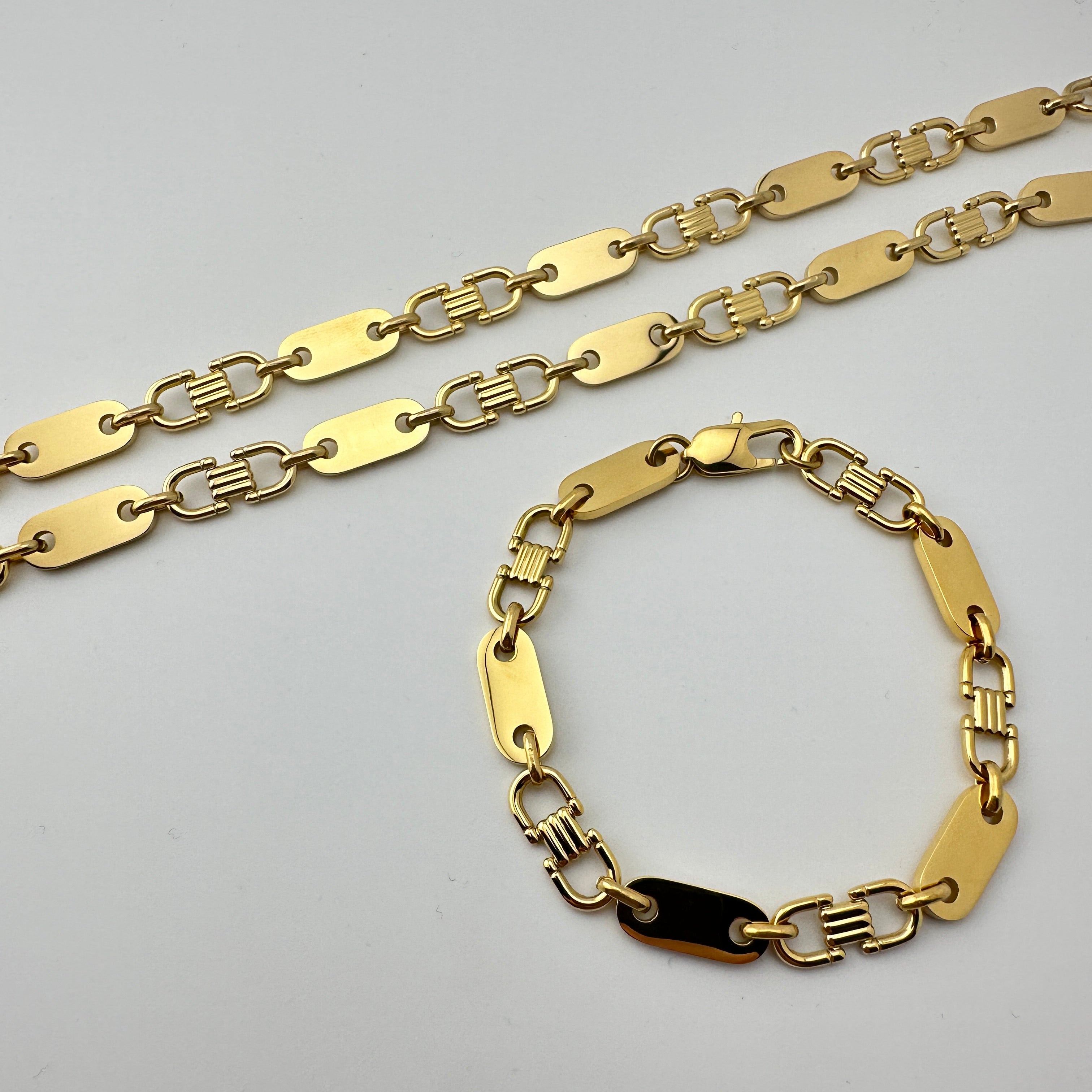 Set - Plattenkette + Armband 8mm aus Edelstahl mit 18k Vergoldung - 20% sparen