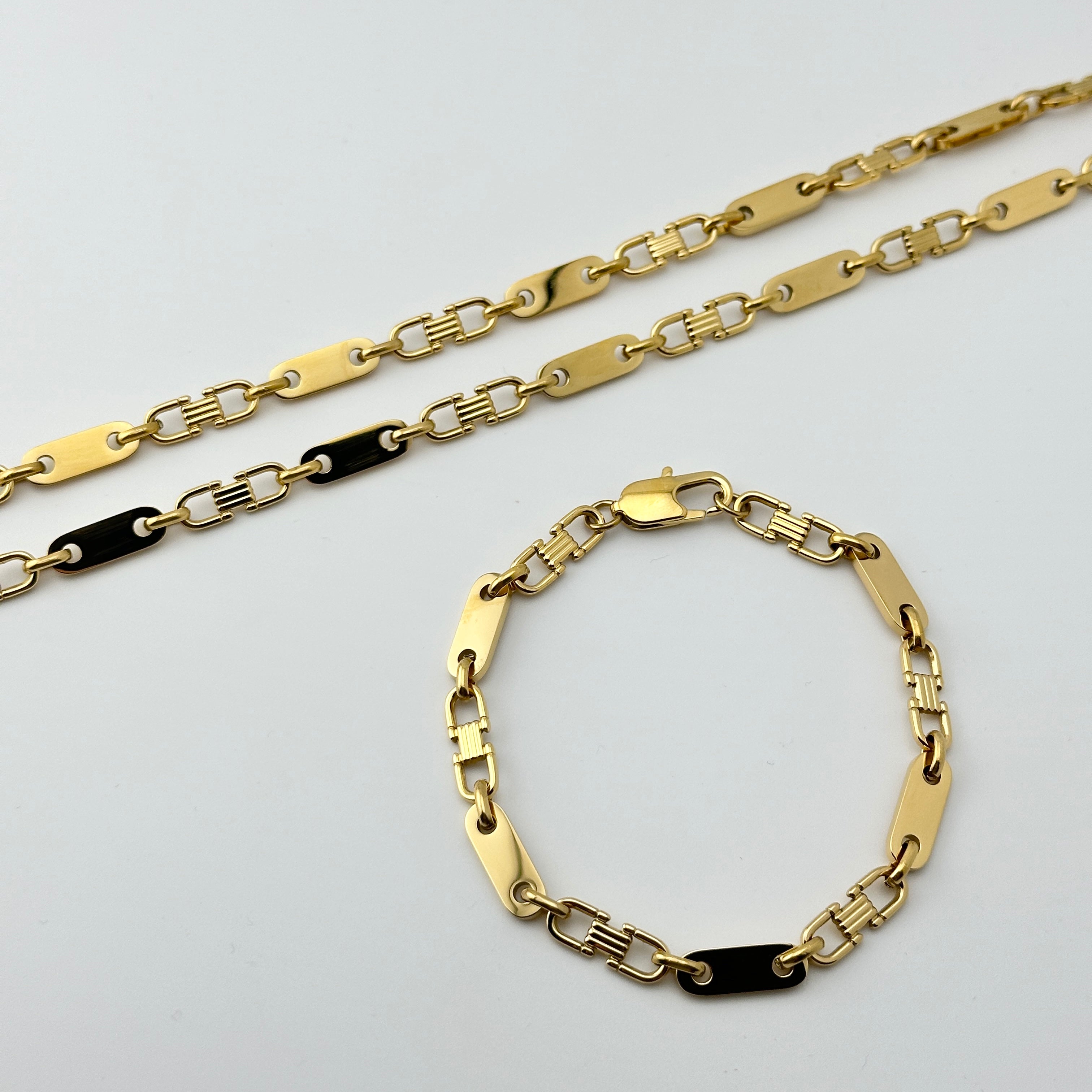 Set - Plattenkette + Armband 6mm aus Edelstahl mit 18k Vergoldung - 20% sparen