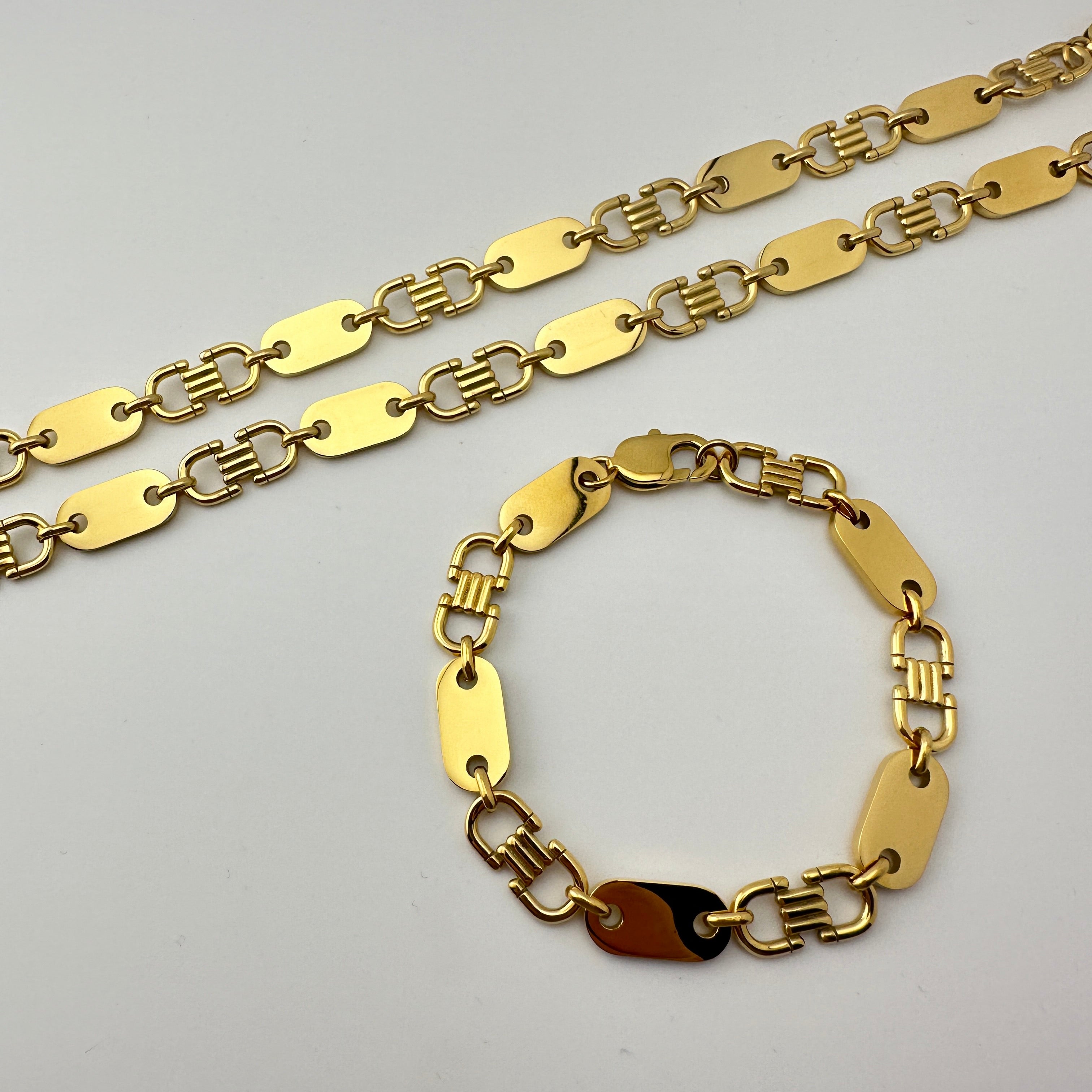 Set - Plattenkette + Armband 10mm breit aus Edelstahl mit 18k Vergoldung - 20% sparen