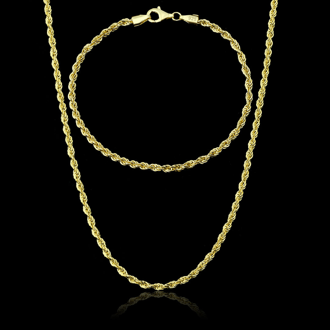 Set - Kordelkette + Armband 3mm - 925 Silber mit 18K Vergoldung - Kostenloses Armband