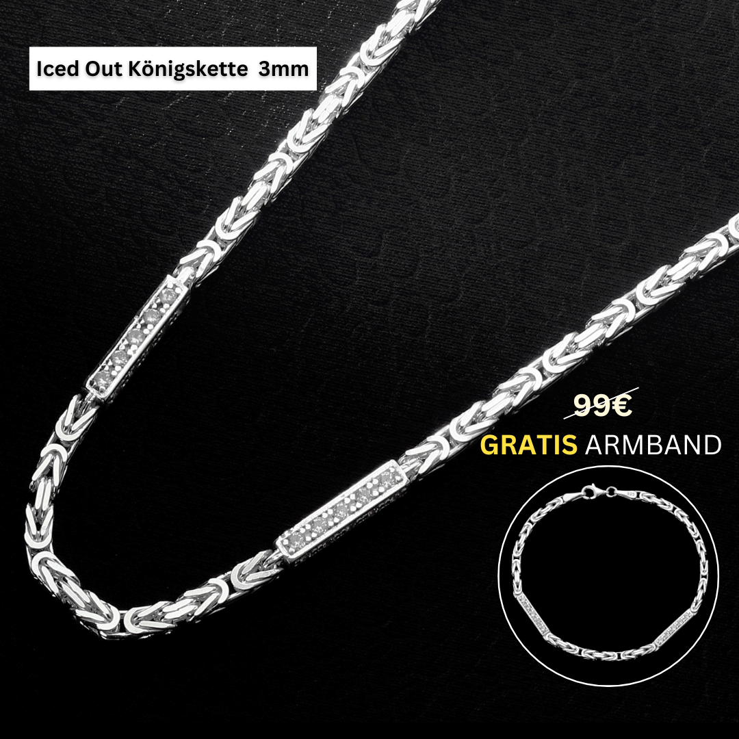 Set - Iced Out Königskette + Armband 3mm - 925 Silber - Kostenloses Armband