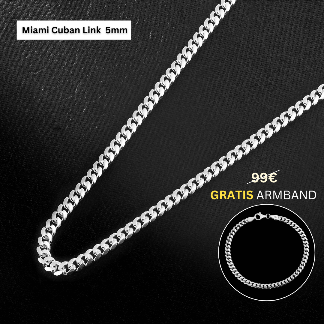 Set - Miami Cuban Link Panzerkette  + Armband 5mm - Silber 925 - Kostenloses Armband