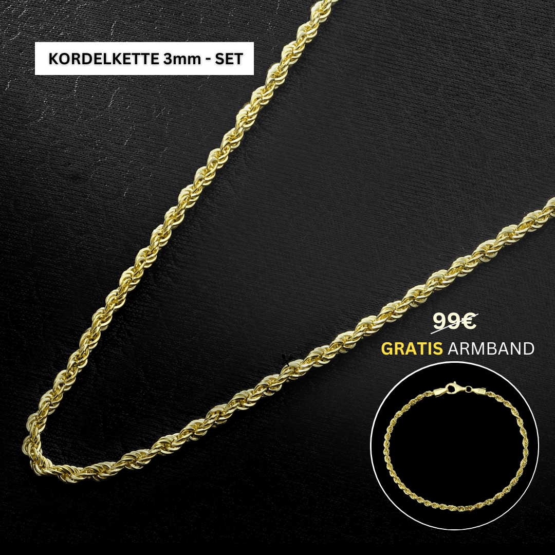 Set - Kordelkette + Armband 3mm - 925 Silber mit 18K Vergoldung - Kostenloses Armband