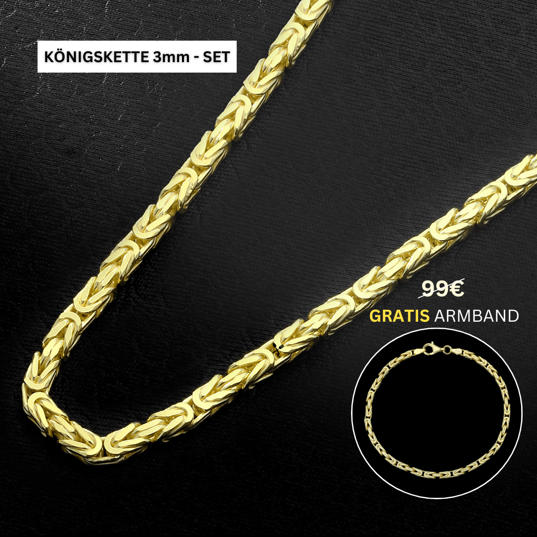 Set - Königskette + Armband 3mm - 925 Silber mit 18K Vergoldung - Kostenloses Armband
