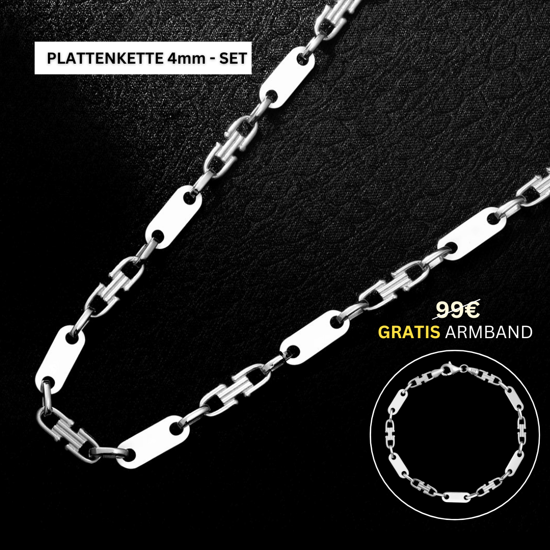 Set - Plattenkette + Armband 4mm - 925 Silber - Kostenloses Armband